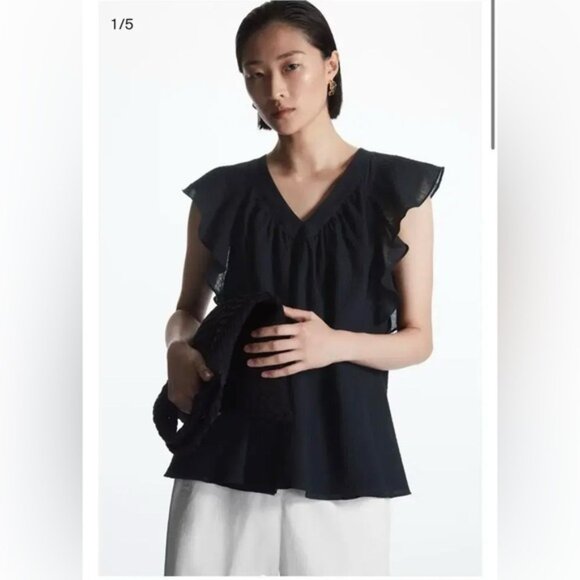 COS Flutter Sleeve Stretch Cotton Sleeveless Blouse – Dark Blue – Size US 6 - Picture 1 of 11